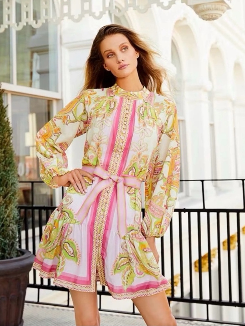 ANTONIO MELANI Printed Tie-Waist Long-Sleeve Dress